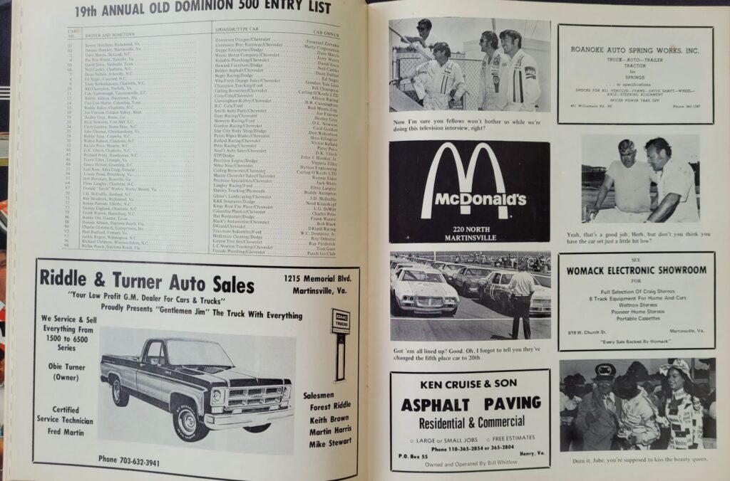 1974 NASCAR Martinsville Old Dominion 500 Program - Entry List