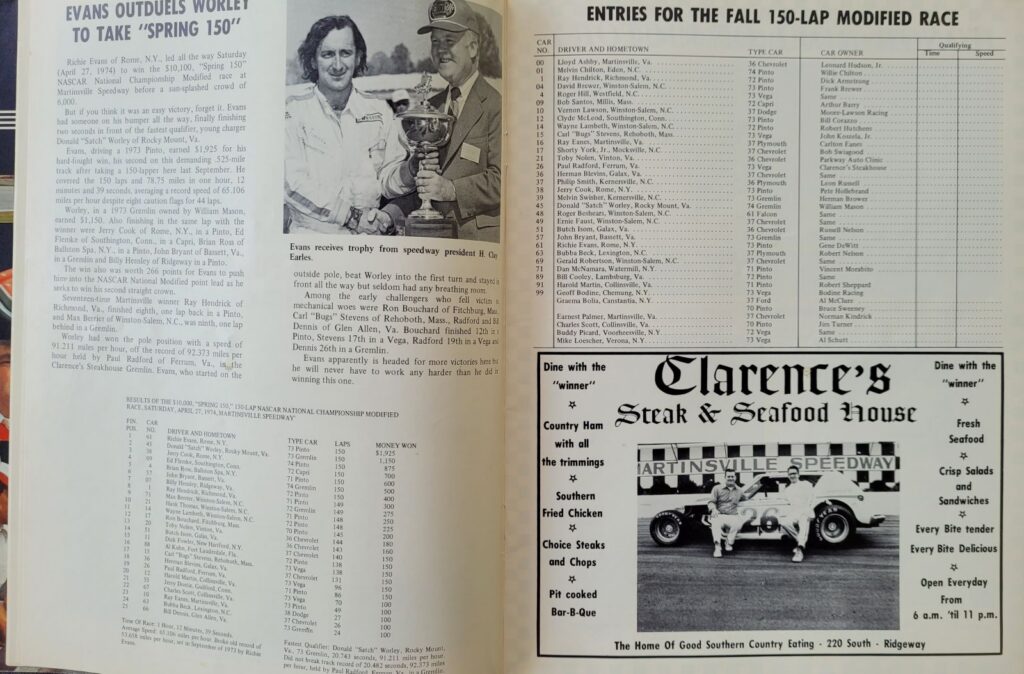 1974 NASCAR Martinsville Old Dominion 500 Program - Modified Entry List