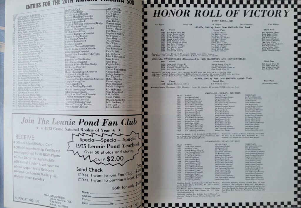 1975 NASCAR Martinsville Virginia 500 Program - Entries