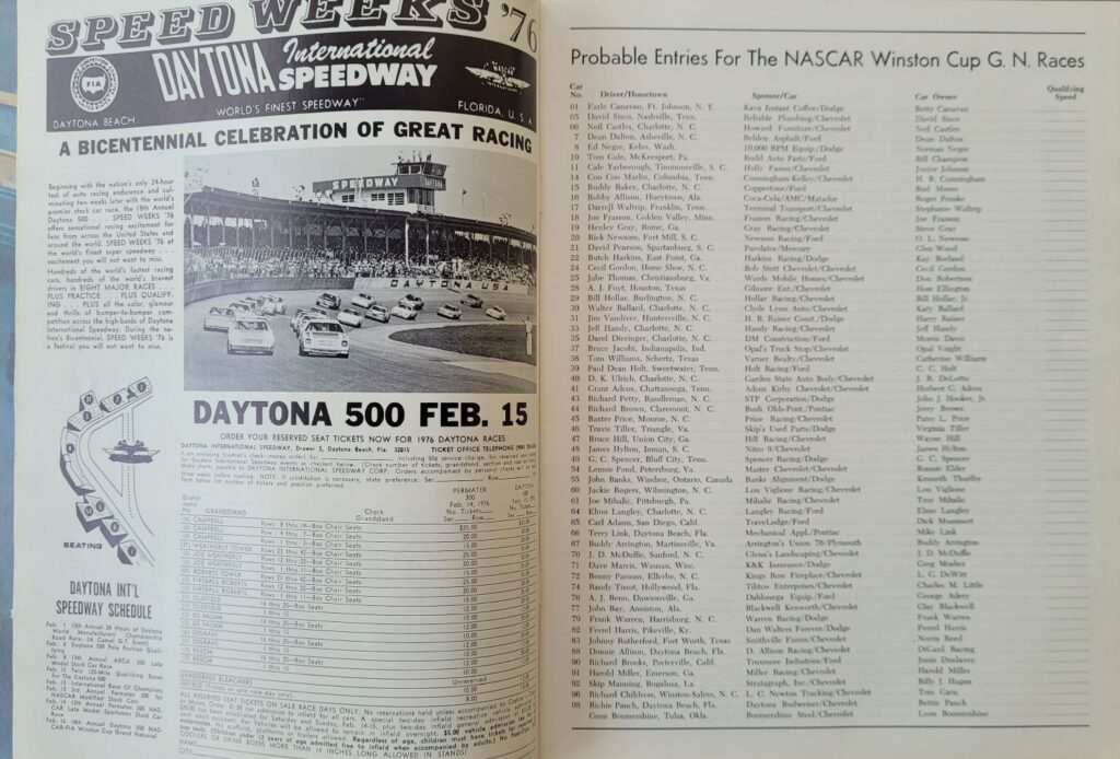 1975 NASCAR North Wilkesboro Wilkes 400 Program - Probable Entries