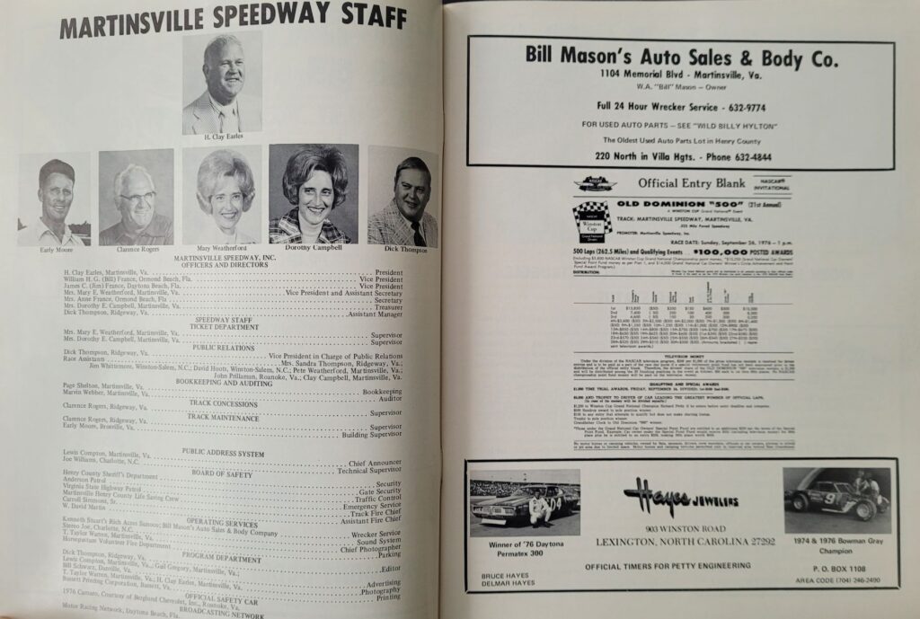 1976 NASCAR Martinsville Old Dominion 500 Program - Entry Blank