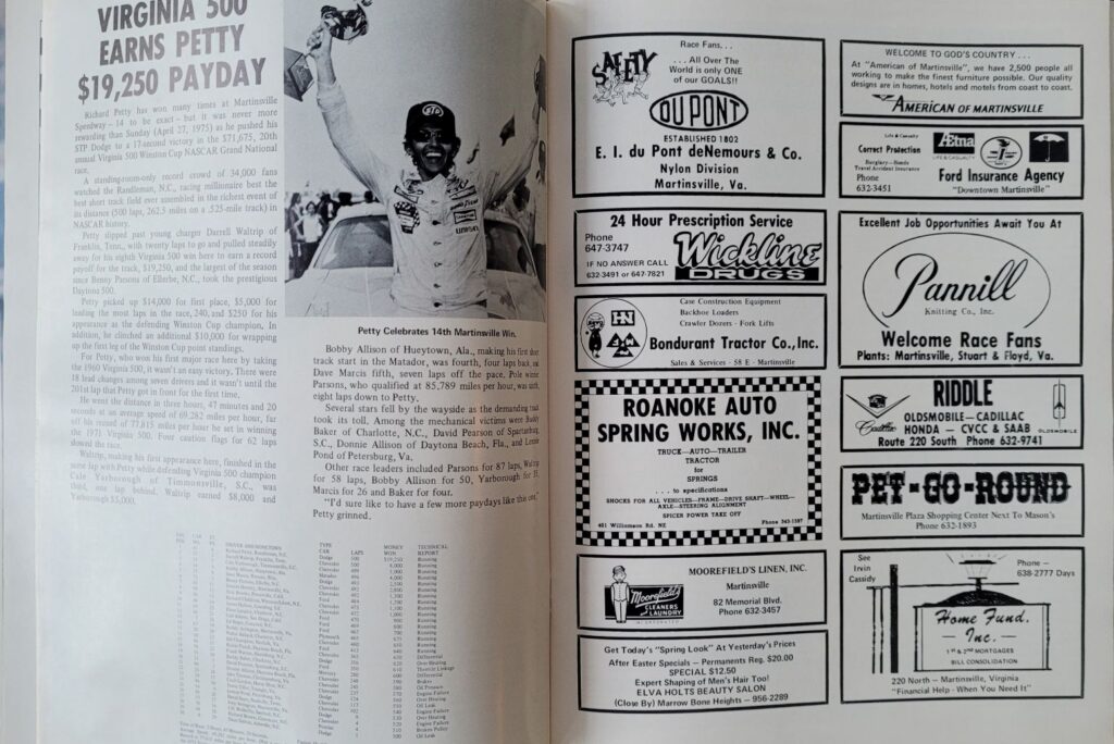 1976 NASCAR Martinsville Virginia 500 Program - Richard Petty