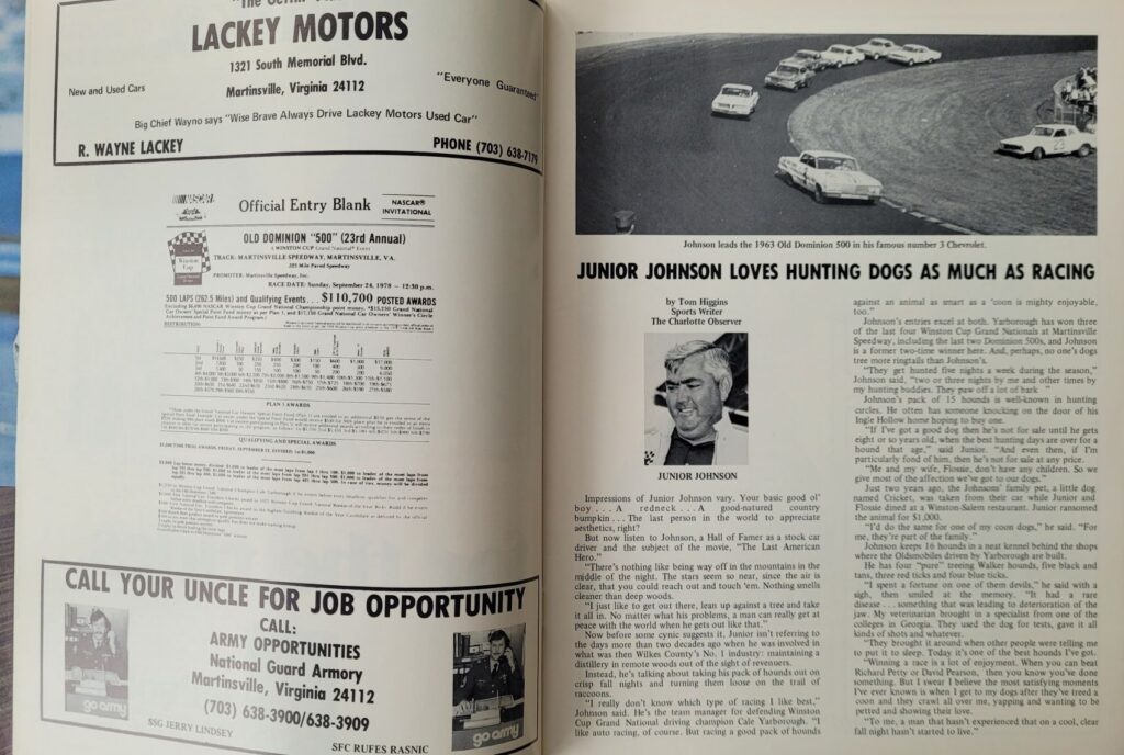 1978 NASCAR Martinsville Old Dominion 500 Program - Official Entry Blank