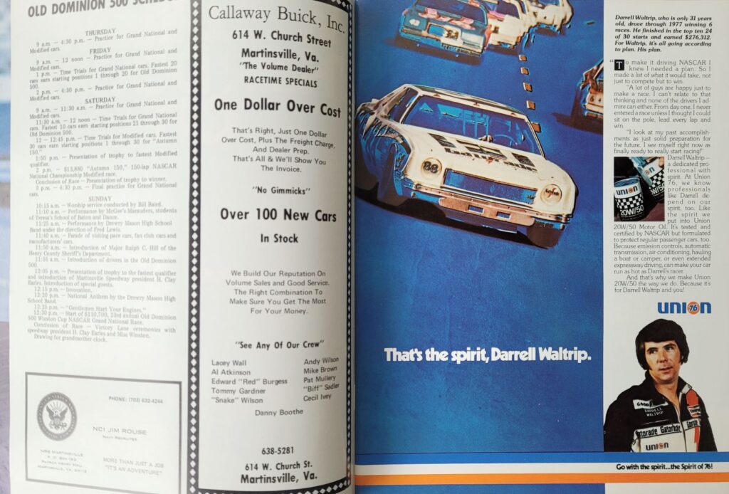 1978 NASCAR Martinsville Old Dominion 500 Program - Schedule of Events