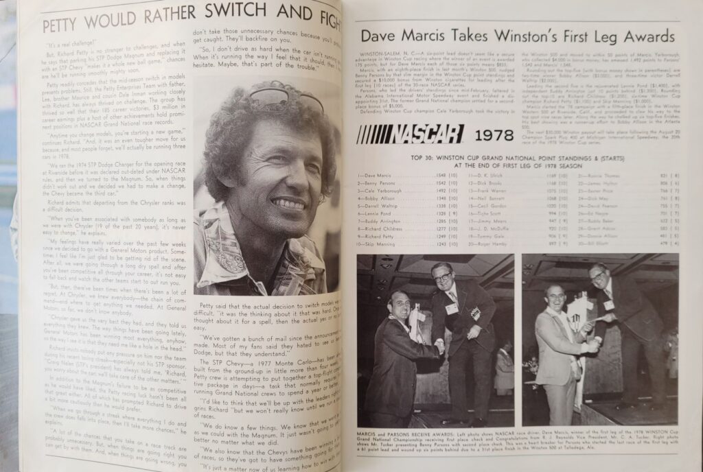 1978 NASCAR North Wilkesboro Wilkes 400 Program - Dave Marcis First Leg Awards