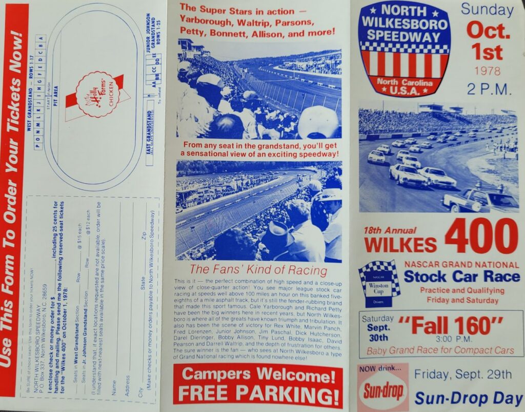 1978 NASCAR North Wilkesboro Wilkes 400 Ticketing Brochure Exterior