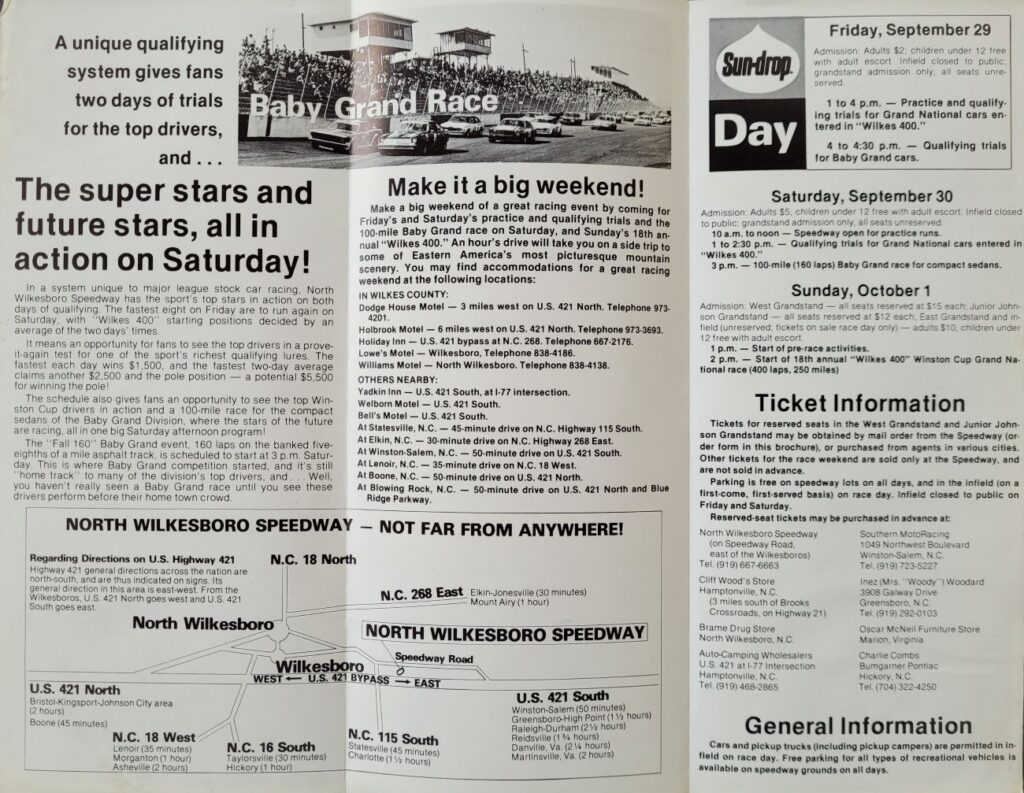 1978 NASCAR North Wilkesboro Wilkes 400 Ticketing Brochure Interior