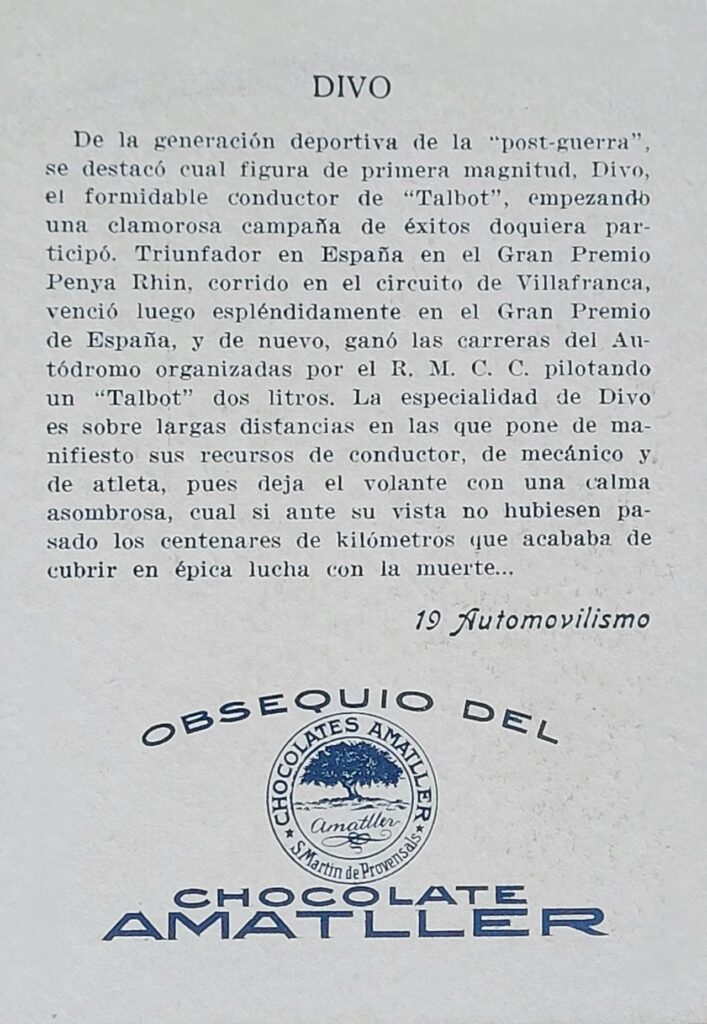 1928 Amatller (ES) Automovilismo Albert Divo Card #19 - Back