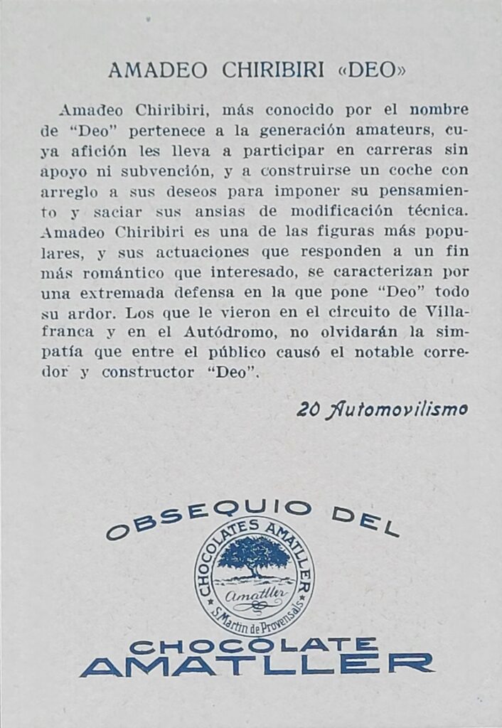 1928 Amatller (ES) Automovilismo Amadeo Chiribiri Card #20 - Back