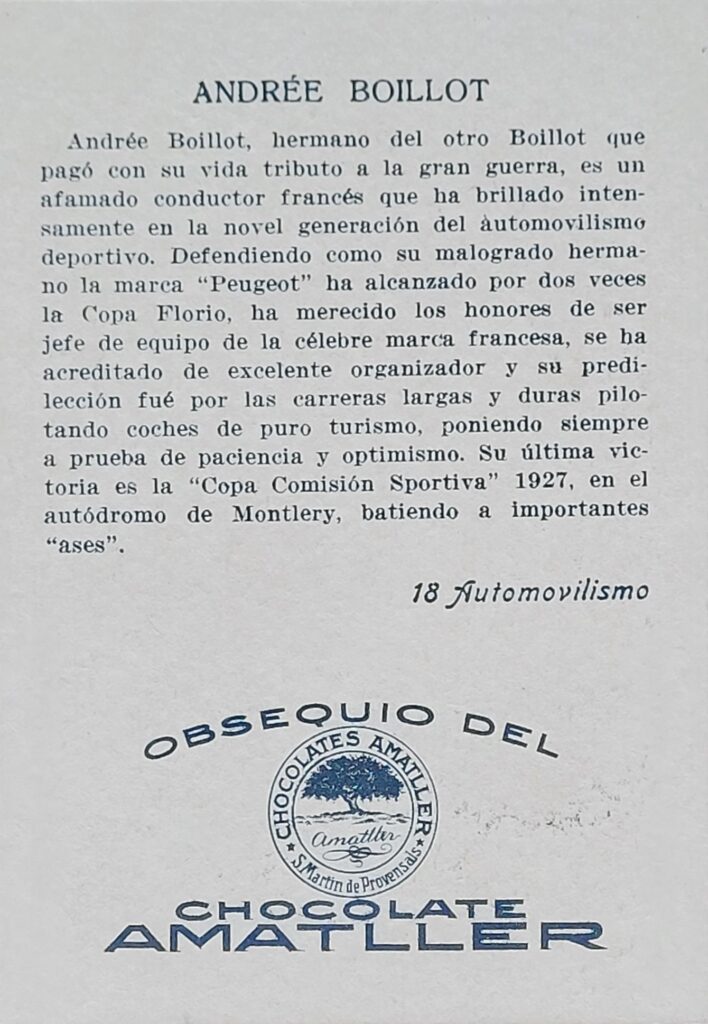 1928 Amatller (ES) Automovilismo Andree Boillot Card #13 - Back