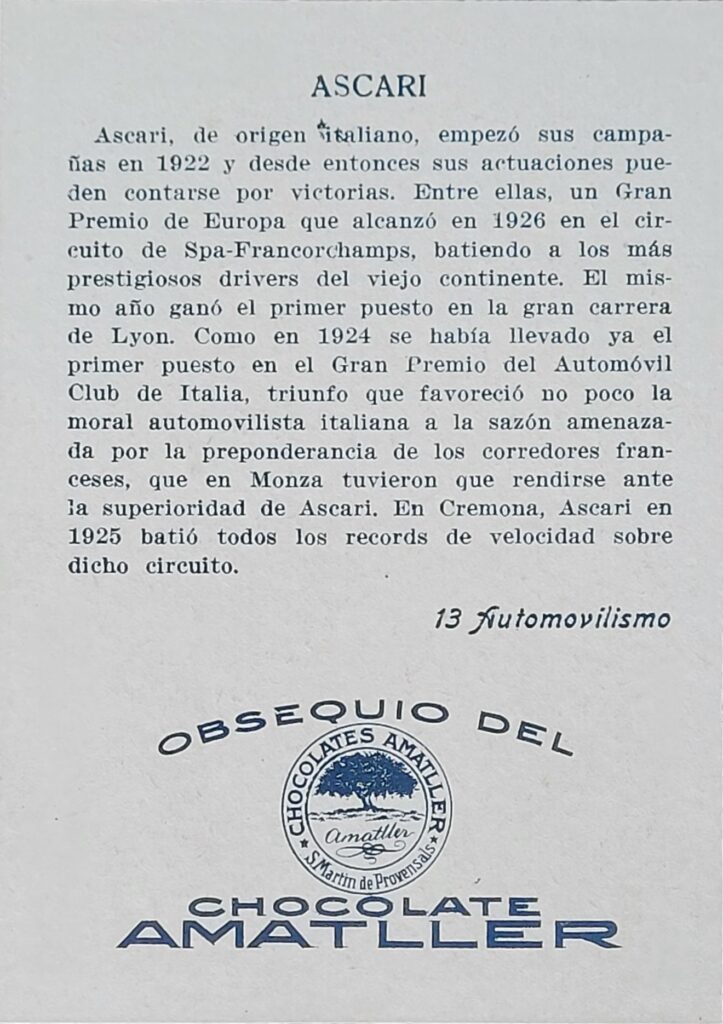 1928 Amatller (ES) Automovilismo Antonio Ascari Card #13 - Back