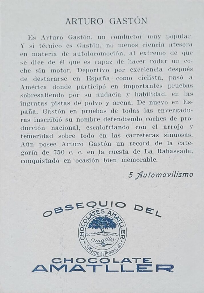 1928 Amatller (ES) Automovilismo Arturo Gaston Card #5 - Back