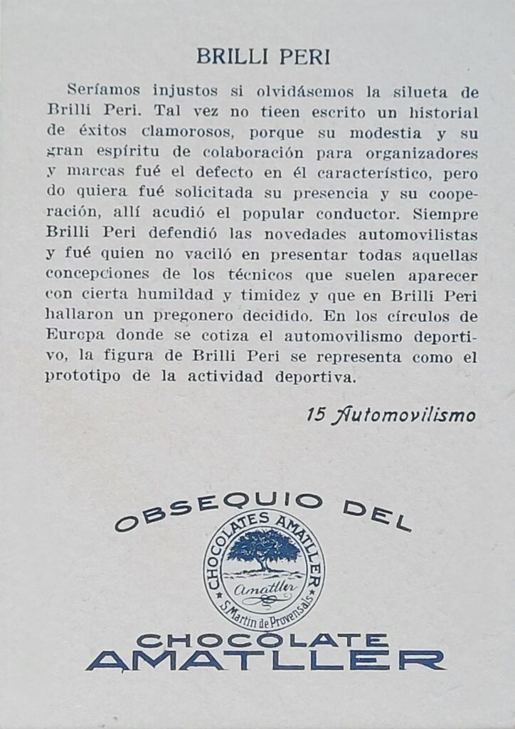 1928 Amatller (ES) Automovilismo Brilli Peri Card #15 - Back