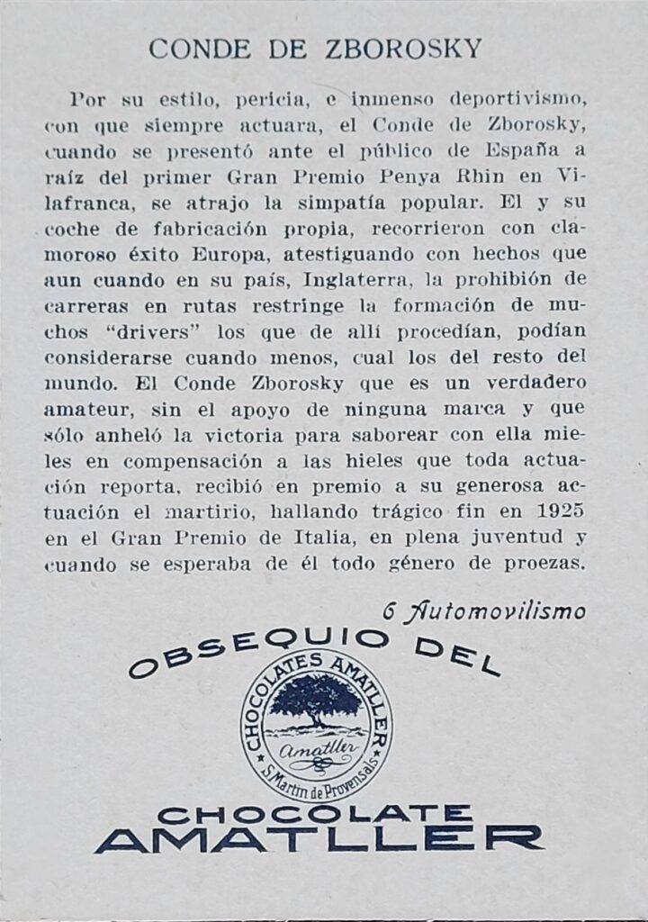1928 Amatller (ES) Automovilismo Conde de Zborosky Card #6 - Back