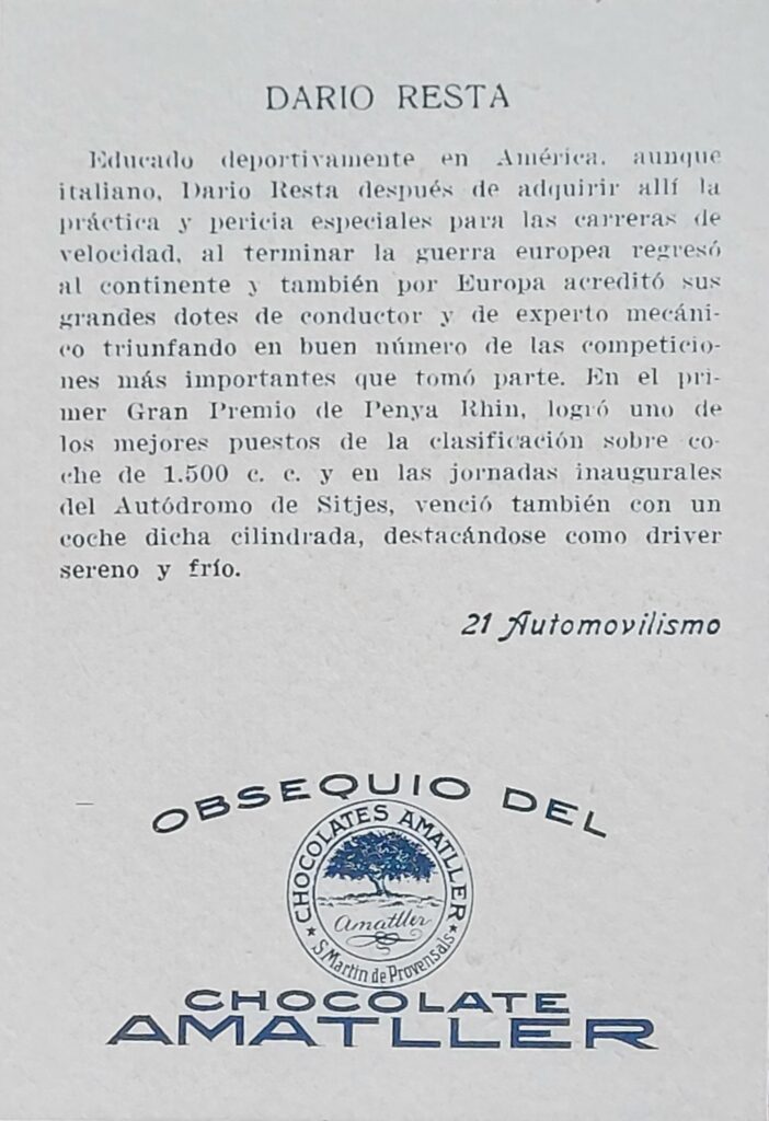 1928 Amatller (ES) Automovilismo Dario Resta Card #21 - Back