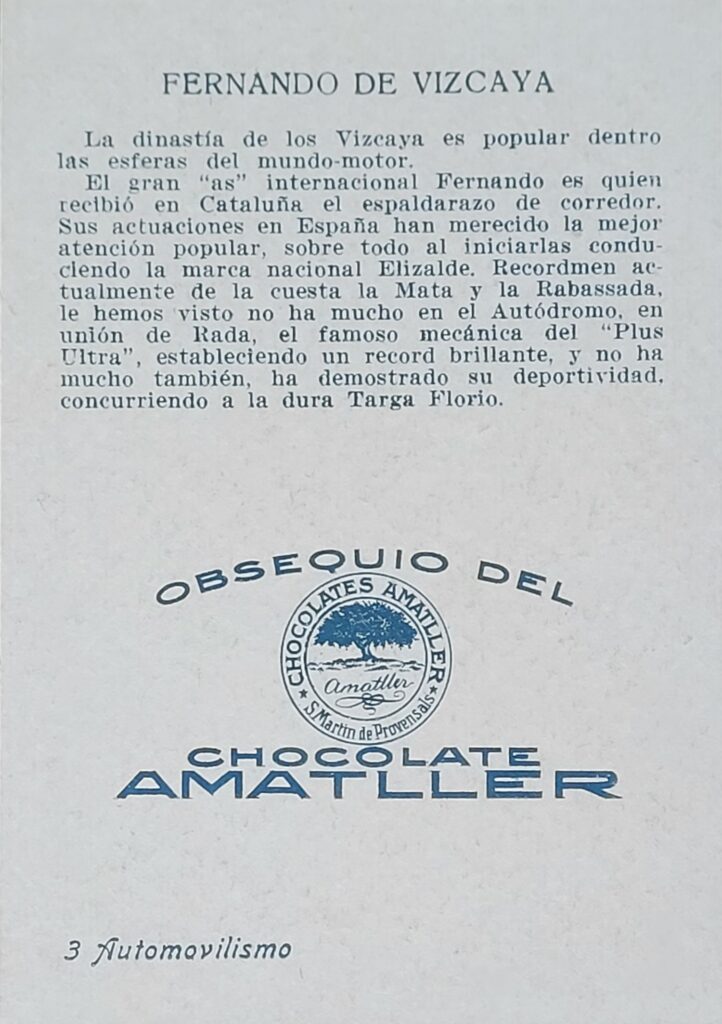 1928 Amatller (ES) Automovilismo Fernando de Vizcaya Card #3 - Back