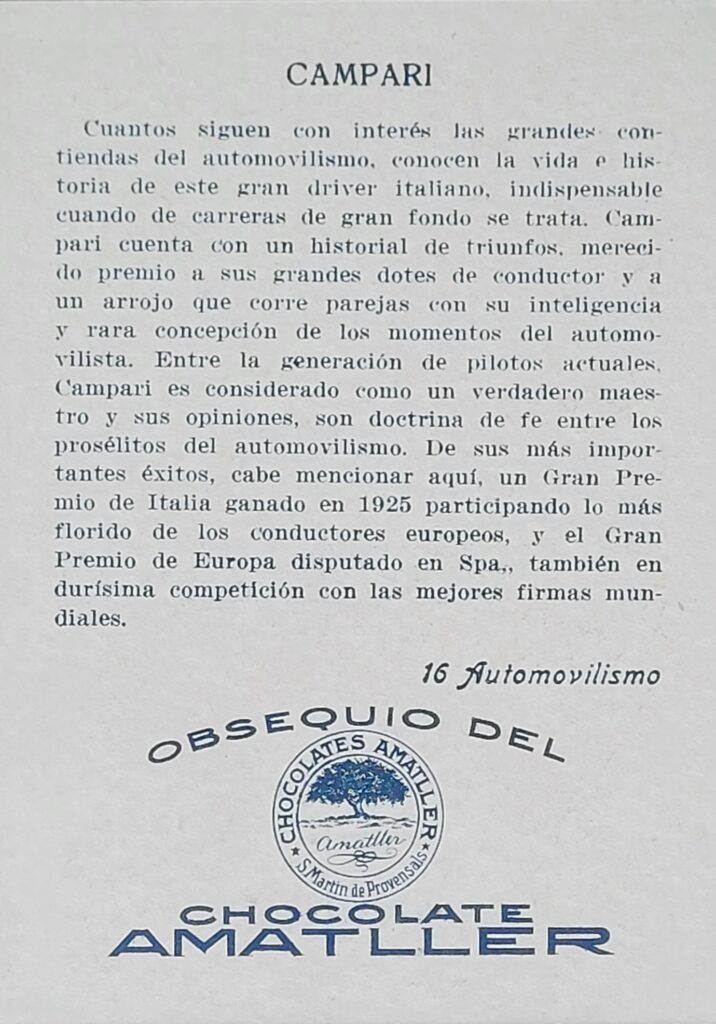 1928 Amatller (ES) Automovilismo Giuseppe Campari Card #16 - Back