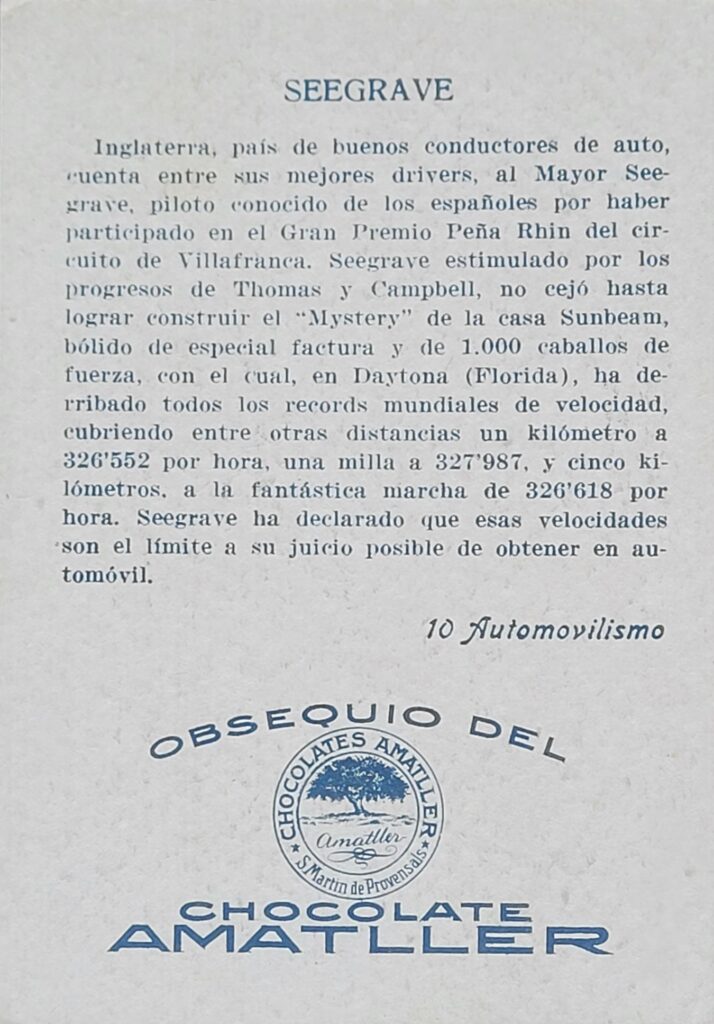 1928 Amatller (ES) Automovilismo Henry Seegrave Card #10 - Back