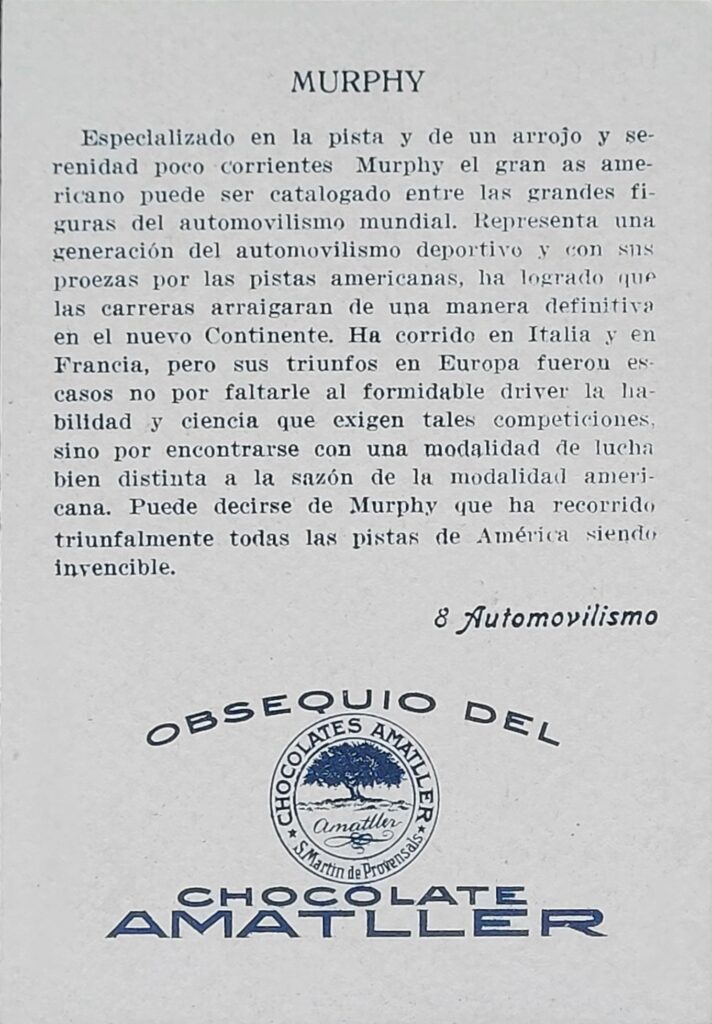 1928 Amatller (ES) Automovilismo Jimmy Murphy Card #8 - Back