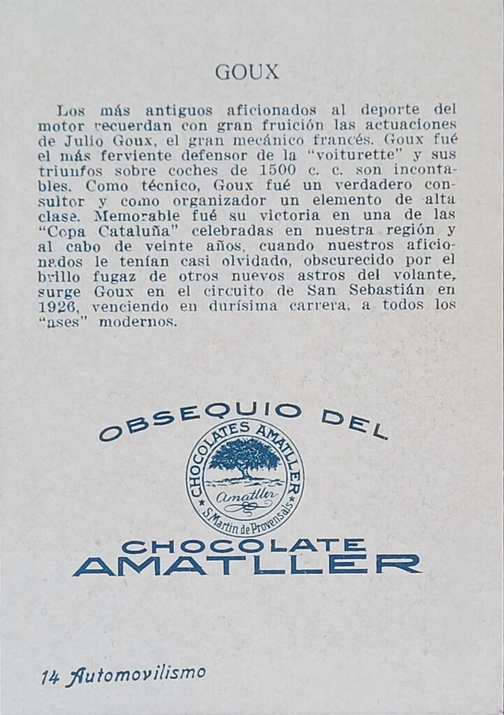 1928 Amatller (ES) Automovilismo Jules Goux Card #14 - Back