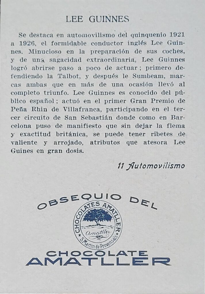 1928 Amatller (ES) Automovilismo Lee Guinnes Card #11 - Back