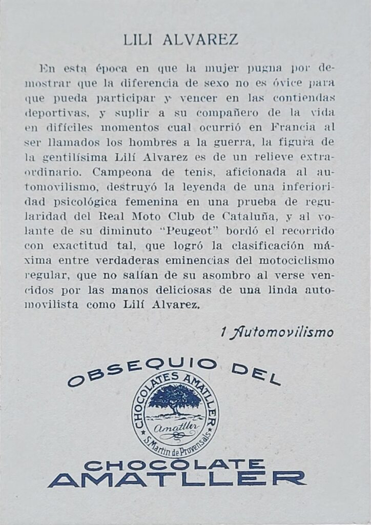 1928 Amatller (ES) Automovilismo Lili Alvarez Card #1 - Back