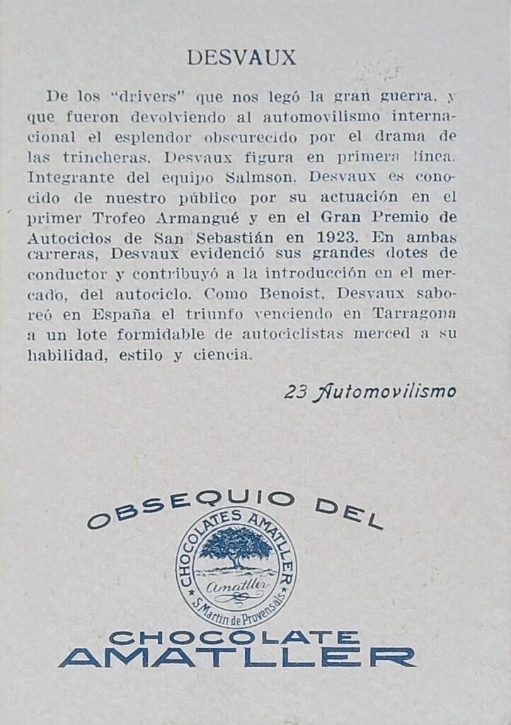 1928 Amatller (ES) Automovilismo Lucien Desvaux Card #23 - Back