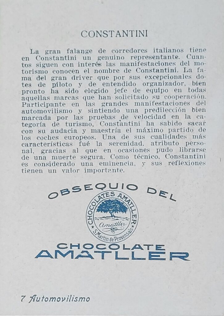 1928 Amatller (ES) Automovilismo Meo Constantini Card #7 - Back