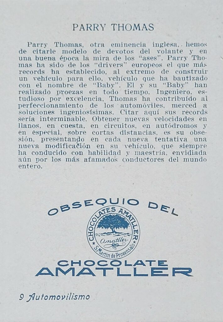 1928 Amatller (ES) Automovilismo Parry Thomas Card #9 - Back