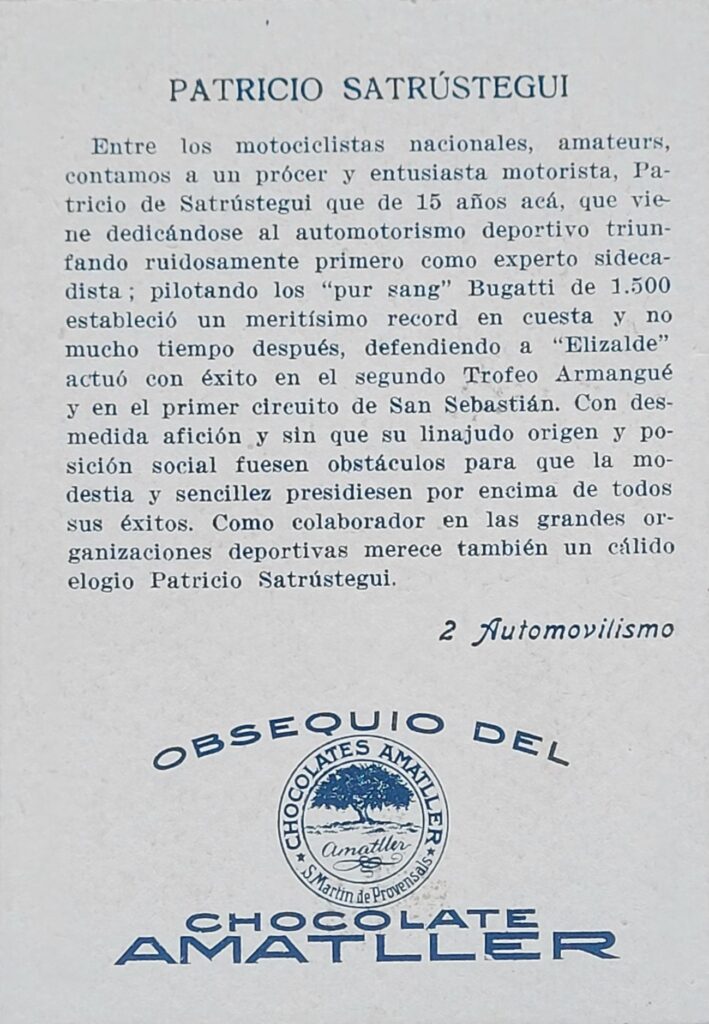 1928 Amatller (ES) Automovilismo Patricio Satrustegui Card #2 - Back