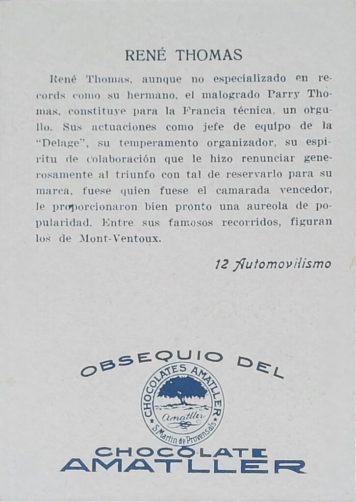 1928 Amatller (ES) Automovilismo Rene Thomas Card #12 - Back