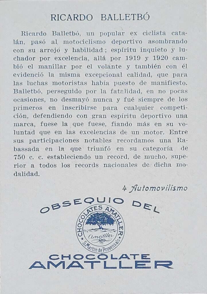 1928 Amatller (ES) Automovilismo Ricardo Balletbo Card #4 - Back