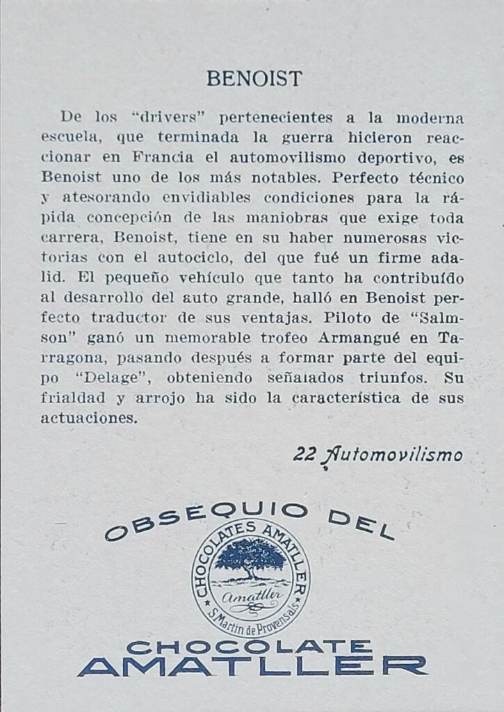 1928 Amatller (ES) Automovilismo Robert Benoist Card #22 - Back