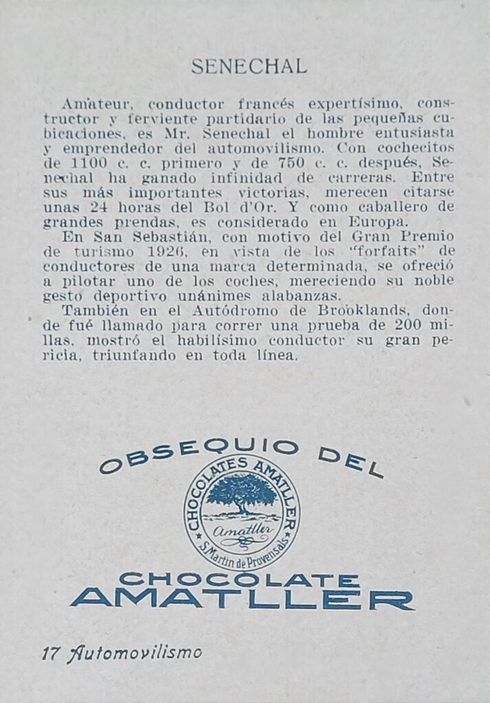 1928 Amatller (ES) Automovilismo Robert Senechal Card #17 - Back