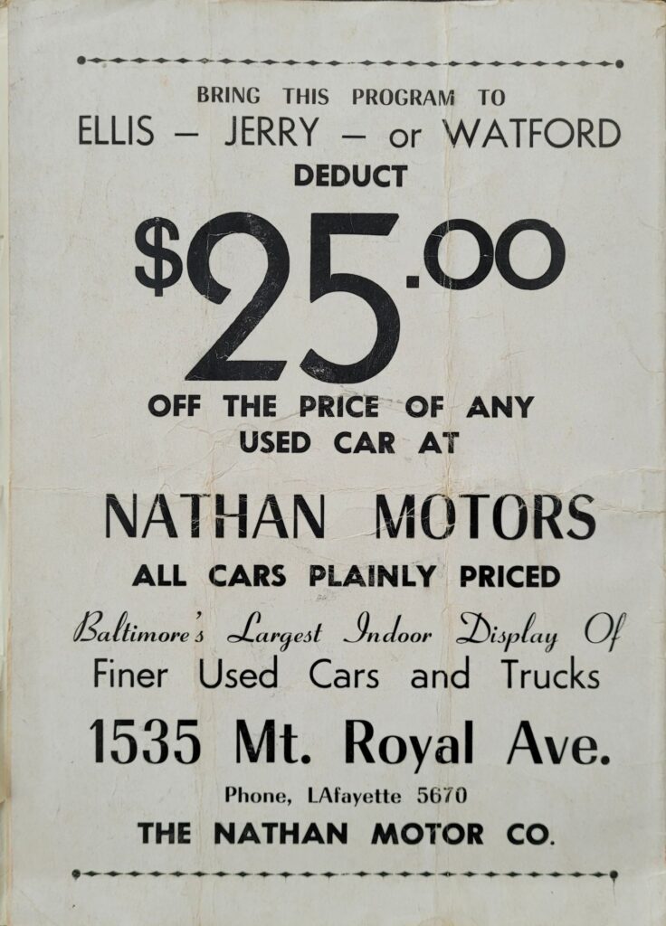 1948 Ritchie Speedway Eastern Championship Stock Car Program Back Cover