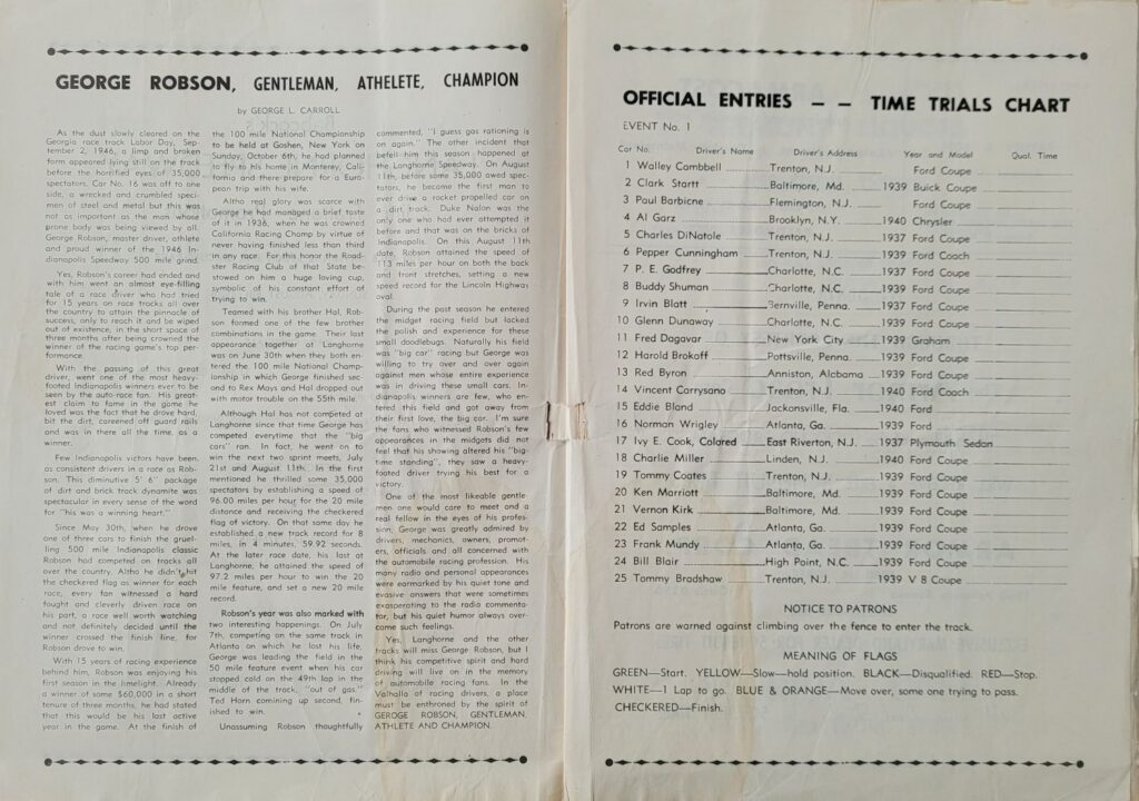 1948 Ritchie Speedway Eastern Championship Stock Car Program - Entry List