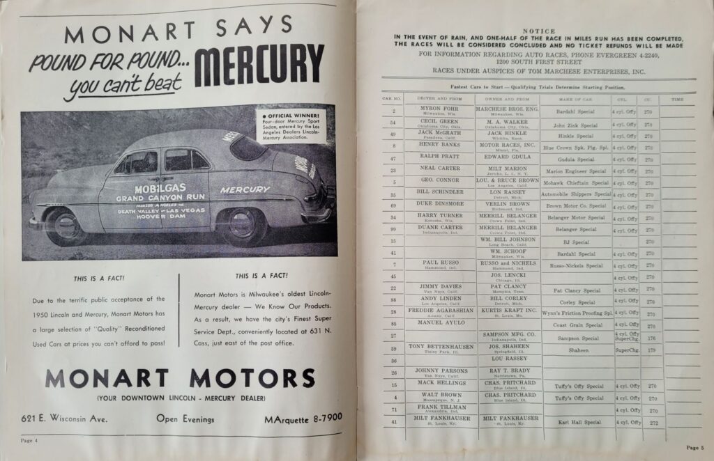 1950 AAA National Championship Milwaukee 200 Program - Pages 4-5