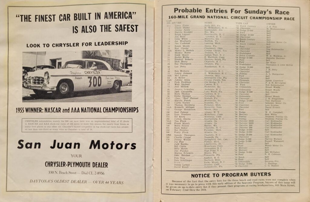 1956 NASCAR Daytona Beach & Road Course Program - Probable Entries