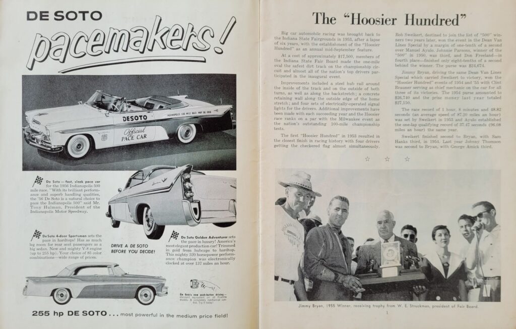 1956 USAC Indiana State Fairgrounds Hoosier Hundred Program - Page 1