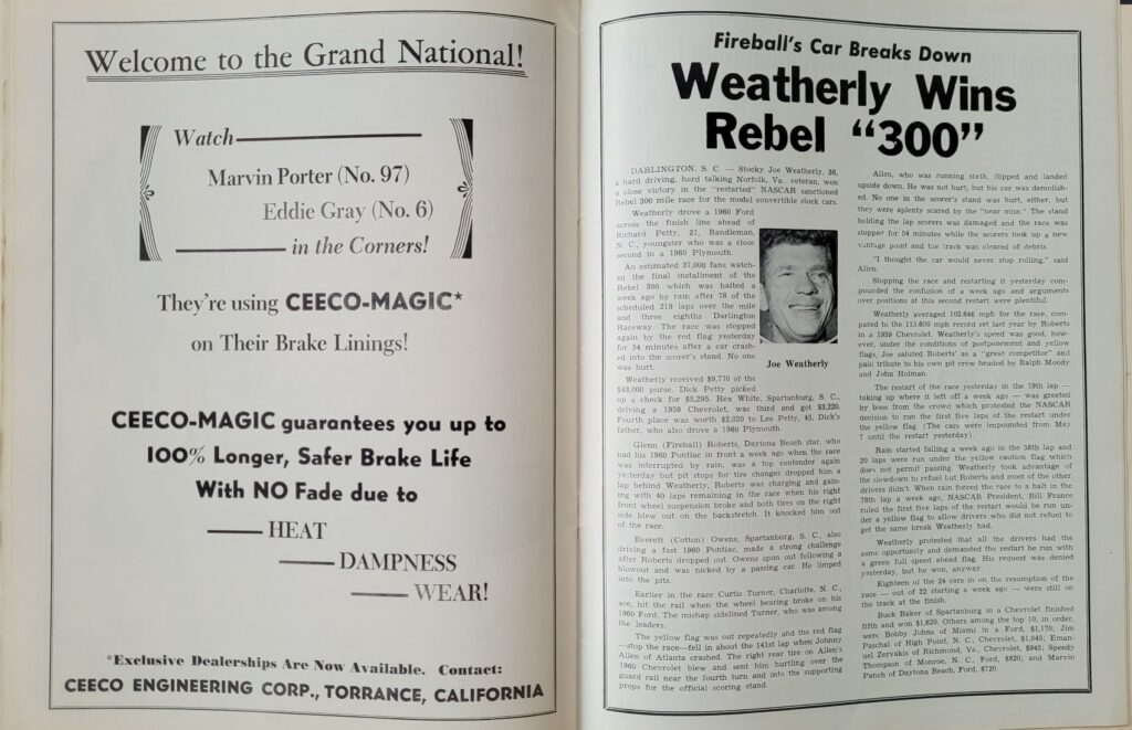 1960 NASCAR Hanford California 250 Program - Weatherly Wins Rebel 300