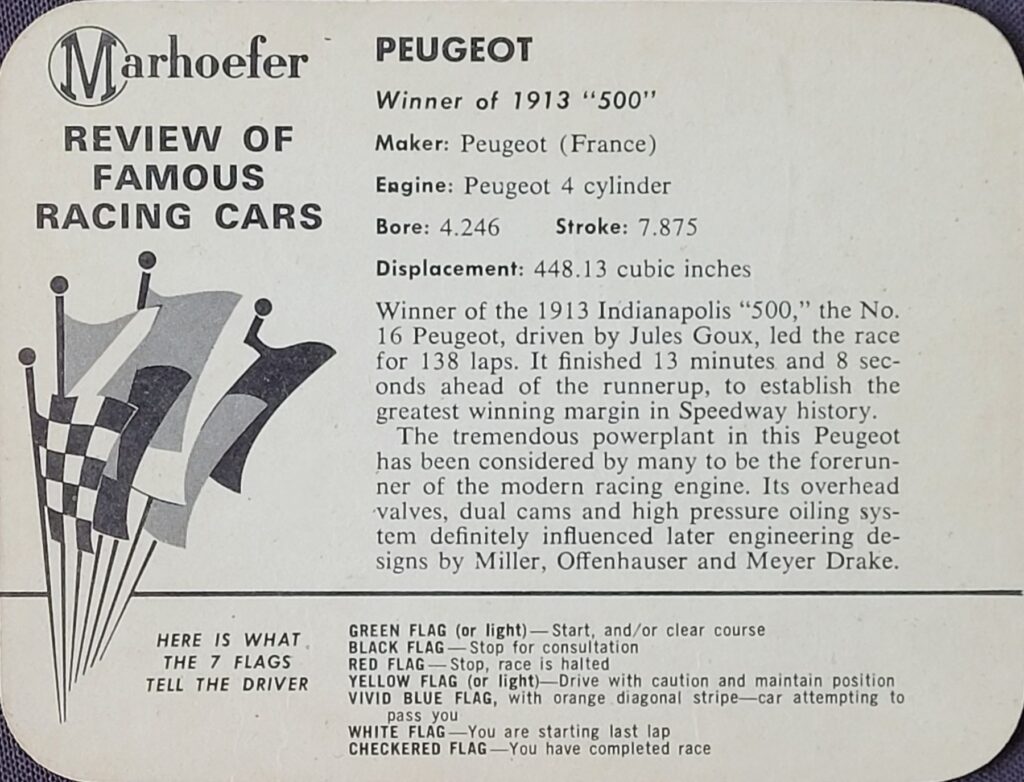 1963 Marhoefer Meats Review of Famous Racing Cars - 1913 Peugeot - Back