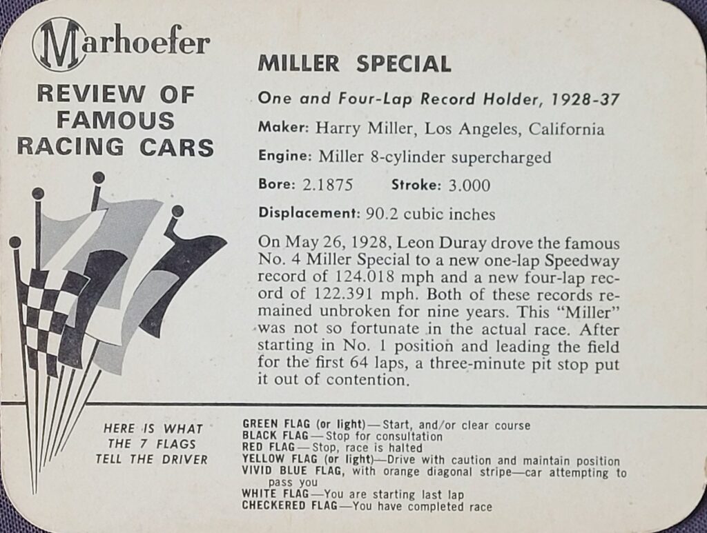 1963 Marhoefer Meats Review of Famous Racing Cars - 1928 Miller Special - Back