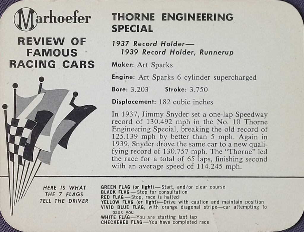 1963 Marhoefer Meats Review of Famous Racing Cars - 1937-1939 Thorne Engineering Special - Back