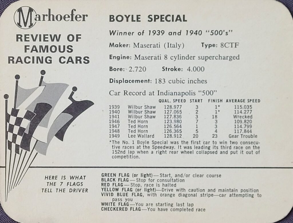 1963 Marhoefer Meats Review of Famous Racing Cars - 1939-49 Boyle Special - Back