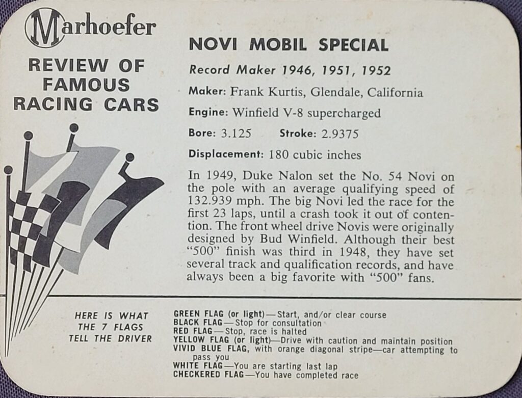 1963 Marhoefer Meats Review of Famous Racing Cars - 1949 Novi Mobil Special - Back