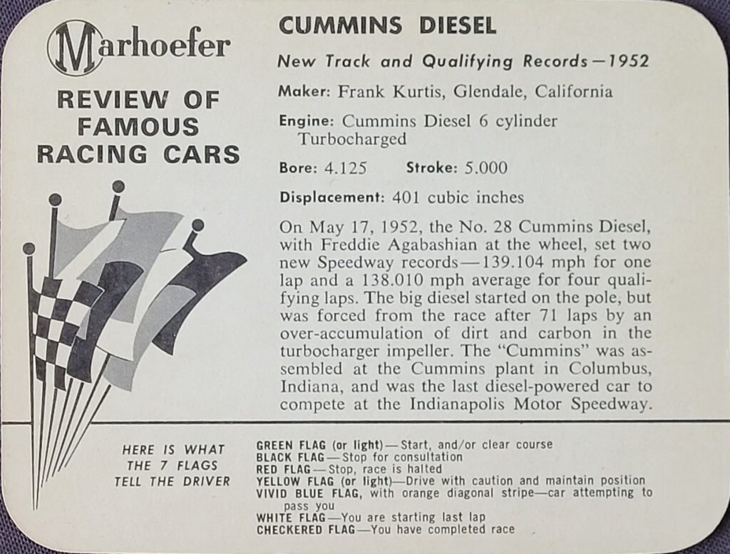 1963 Marhoefer Meats Review of Famous Racing Cars - 1952 Cummins Diesel - Back