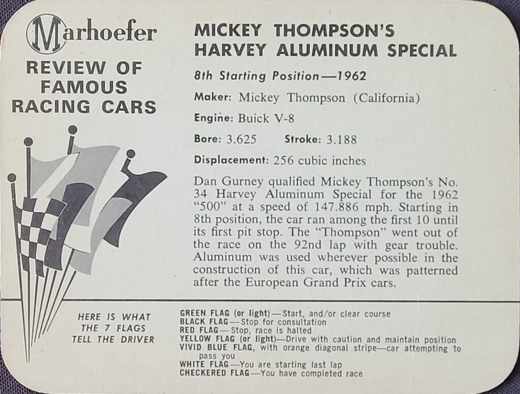 1963 Marhoefer Meats Review of Famous Racing Cars - 1962 Mickey Thompson's Harvey Aluminum Special - Back