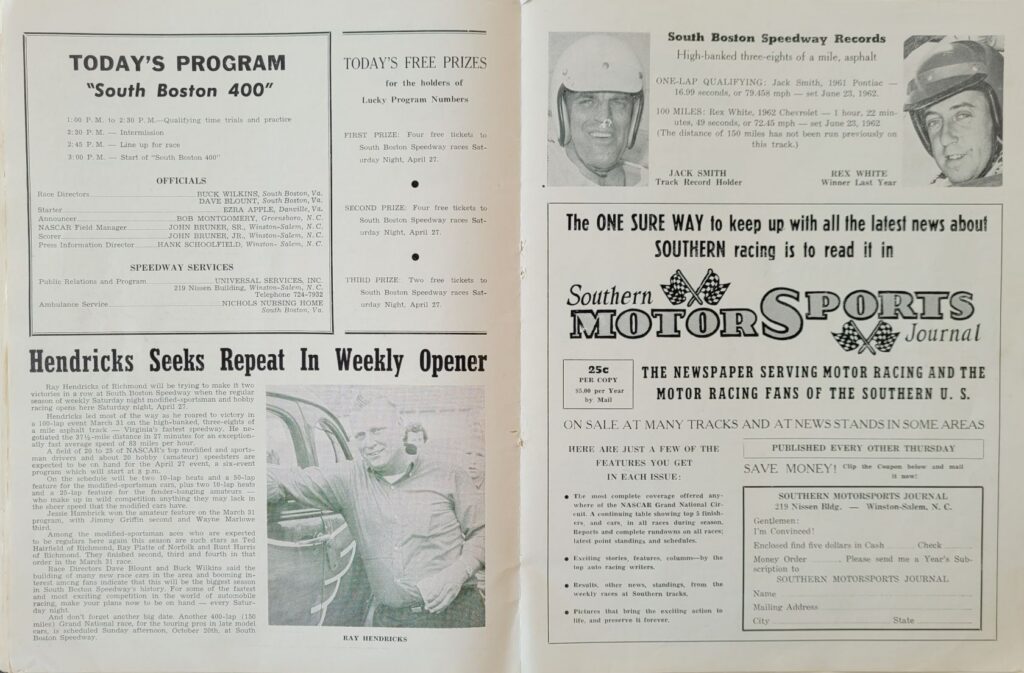 1963 NASCAR South Boston 400 Program - Event Schedule