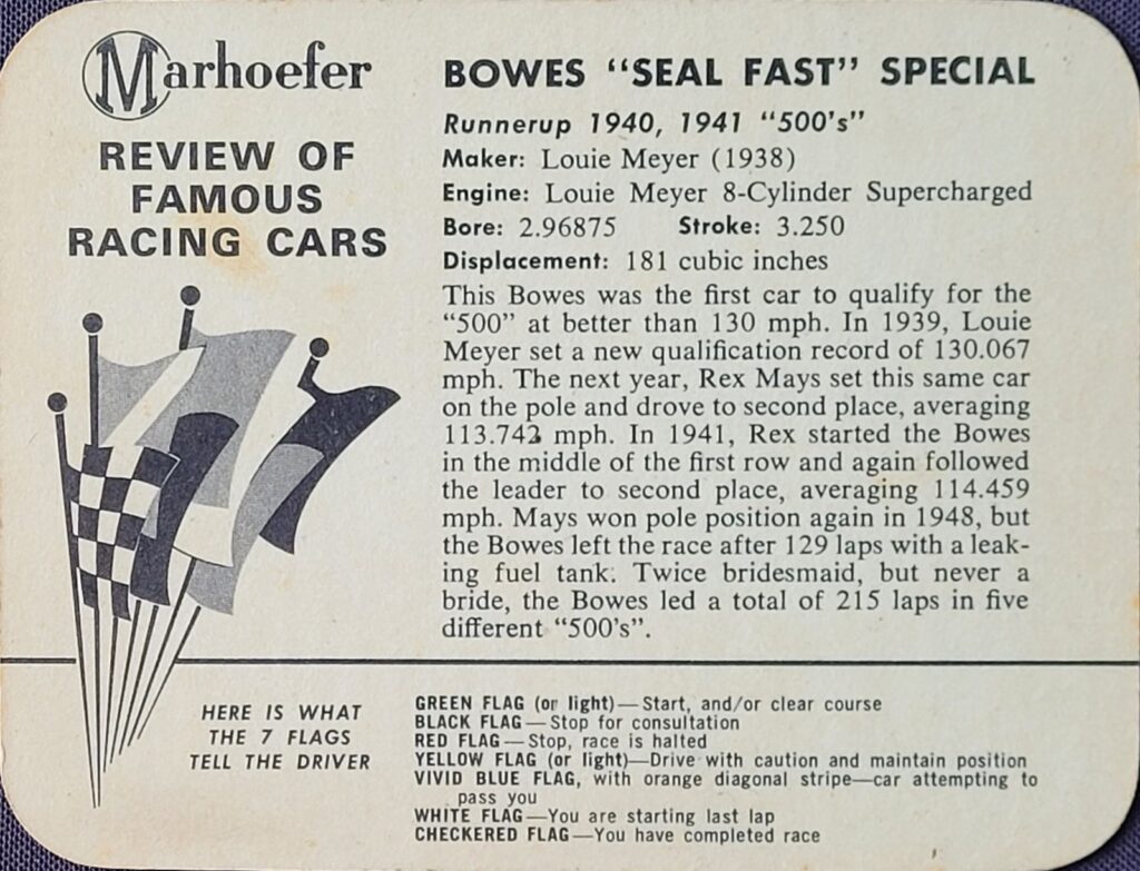 1964 Marhoefer Meats Review of Famous Cars Bowes Seal Fast Special of Louie Meyer and Rex Mays - Back