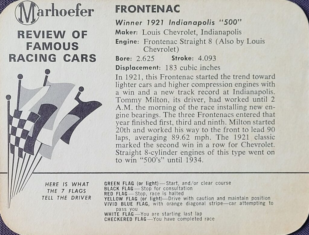 1964 Marhoefer Meats Review of Famous Cars Frontenac of Tommy Milton - Back